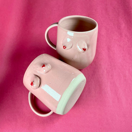 Pink Heart Ceramic Boob Mugs, 350ml, Handmade, selection of colours, Coffee Mug, Tea Mug